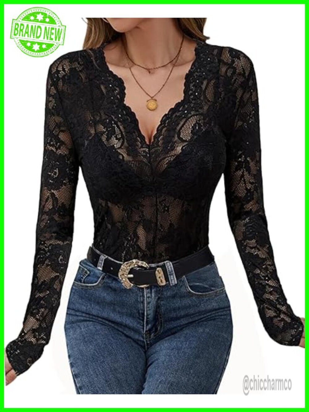 Women's Lace Long Sleeve Top Sheer Floral Embroidery V Neck Blouse